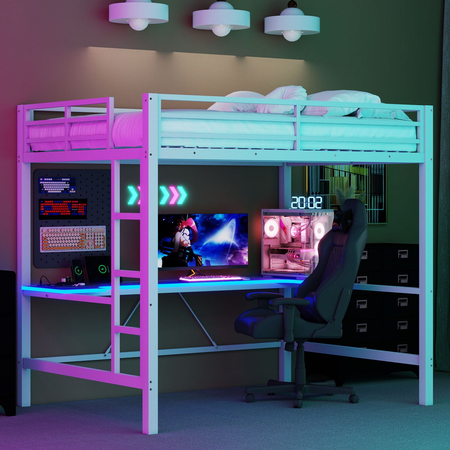 Gaming Metal Loft Bed Frame With LED Light, USB Charge Station And Desk