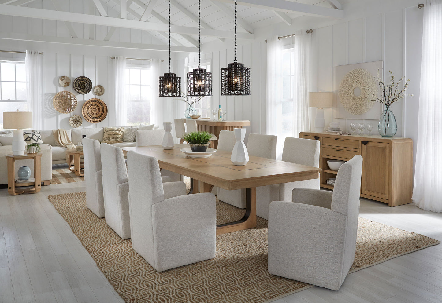 Escape - 72" Dining Buffet Server With Stone Top - Glazed Natural Oak Natural Cane Vanilla Bean Stone