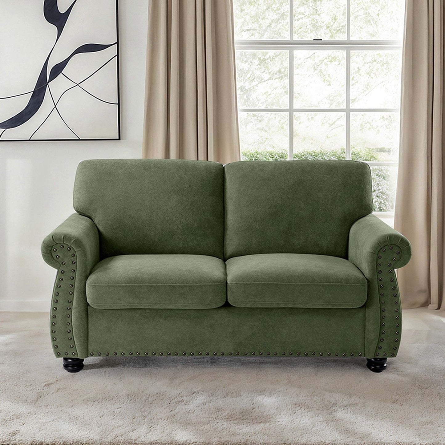 Soft Loveseat, Upholstered 2 Seater Couch, Loose Back Cushions And Turned Legs