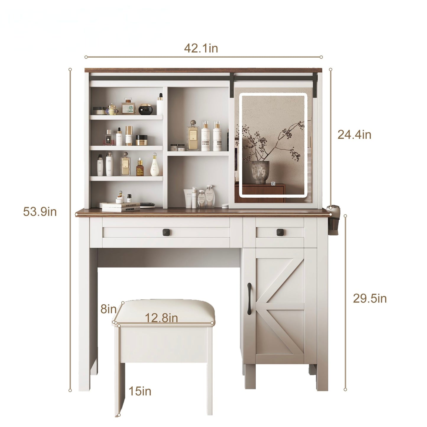 Rustic Farmhouse Makeup Vanity Desk With Sliding Mirror, LED Lights, And Charging Socket - White