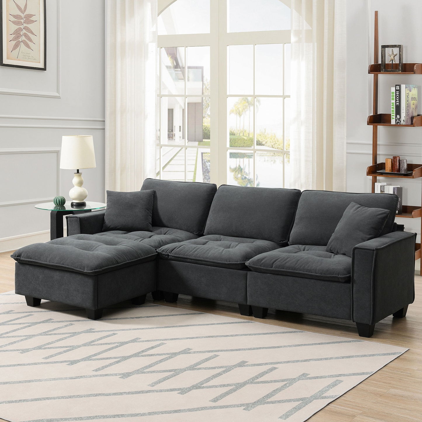 Modern Convertible Sectional L Shaped Reversible Couch Set With Free Pillows 4 Seat Suede Sleeper Sofa With Ottoman
