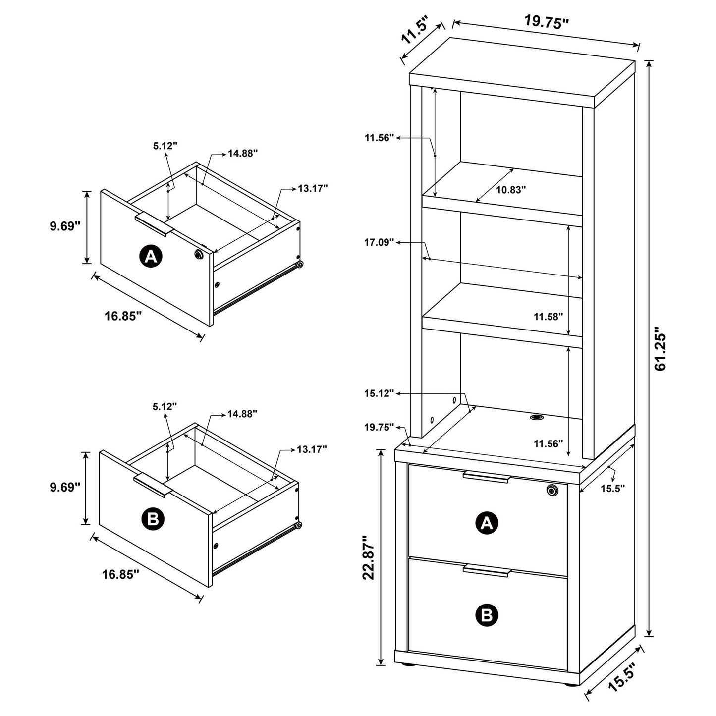 Multifunctional Bookcase With Three Open Shelves, 2 Drawers, Dual USB Charging Outlet