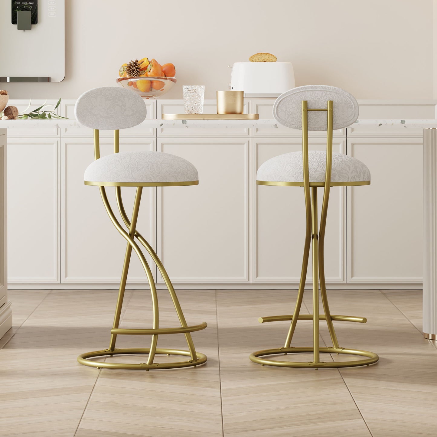 Round Print Bar Stools Upholstered Chairs For Kitchen (Set of 2)