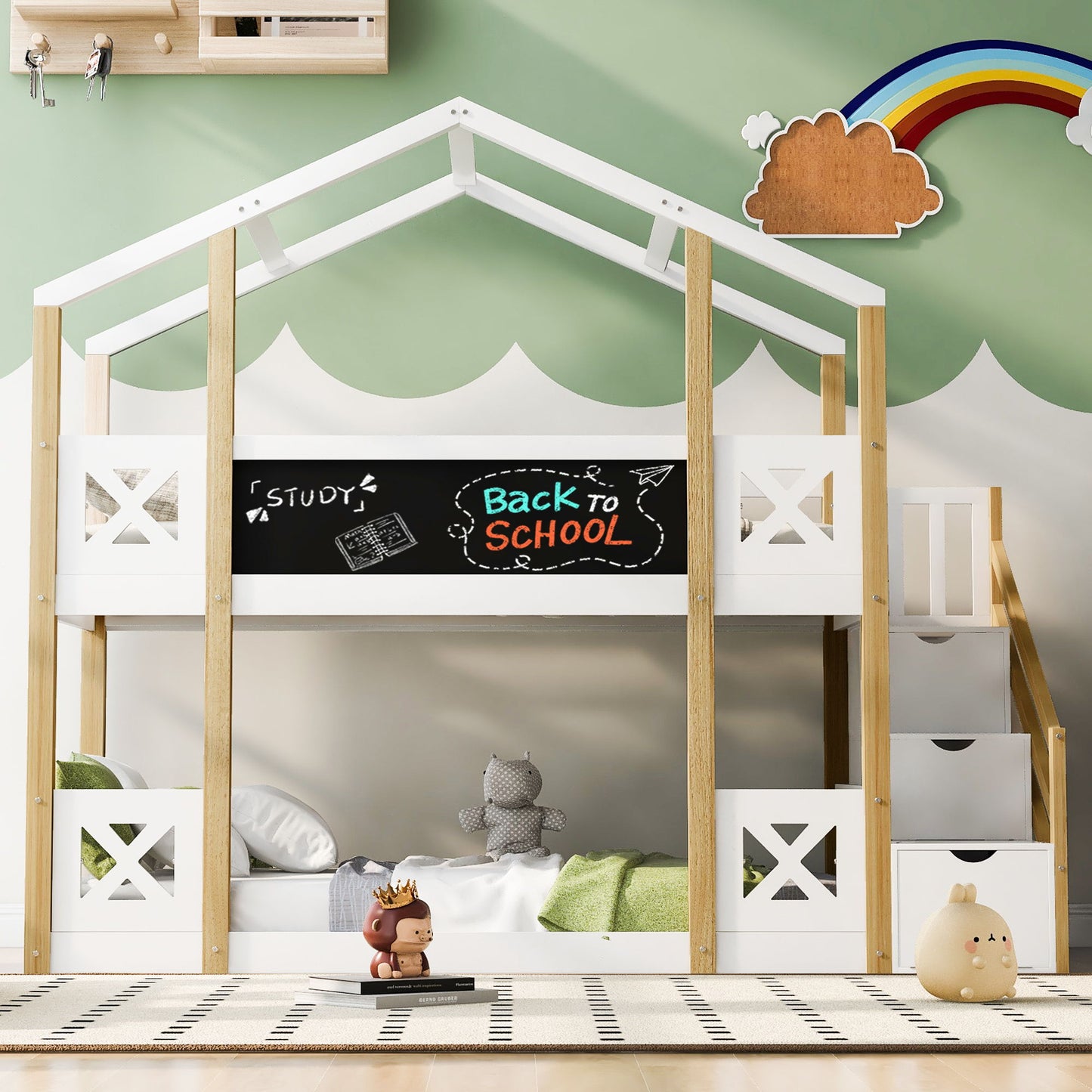 Twin Over Twin House Bunk Bed With White Storage Staircase And Blackboards - White