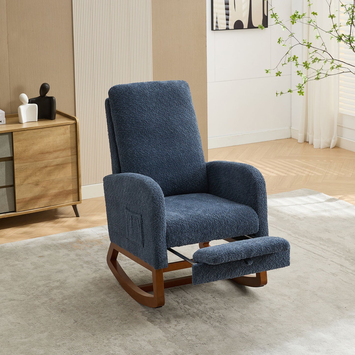High Back Glider Rocking Chair With Retractable Footrest And Rubber Wood Legs
