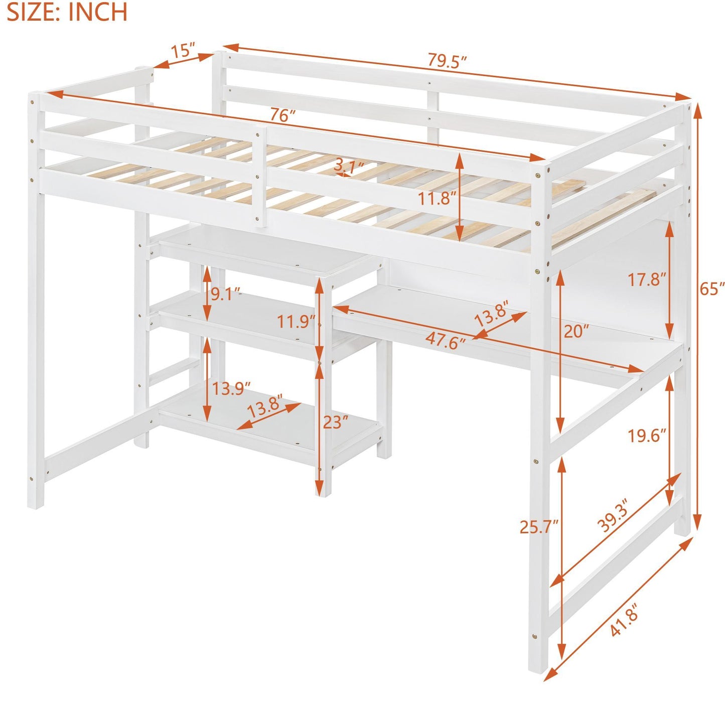 Loft Bed With Shelves, Desk And Writing Board