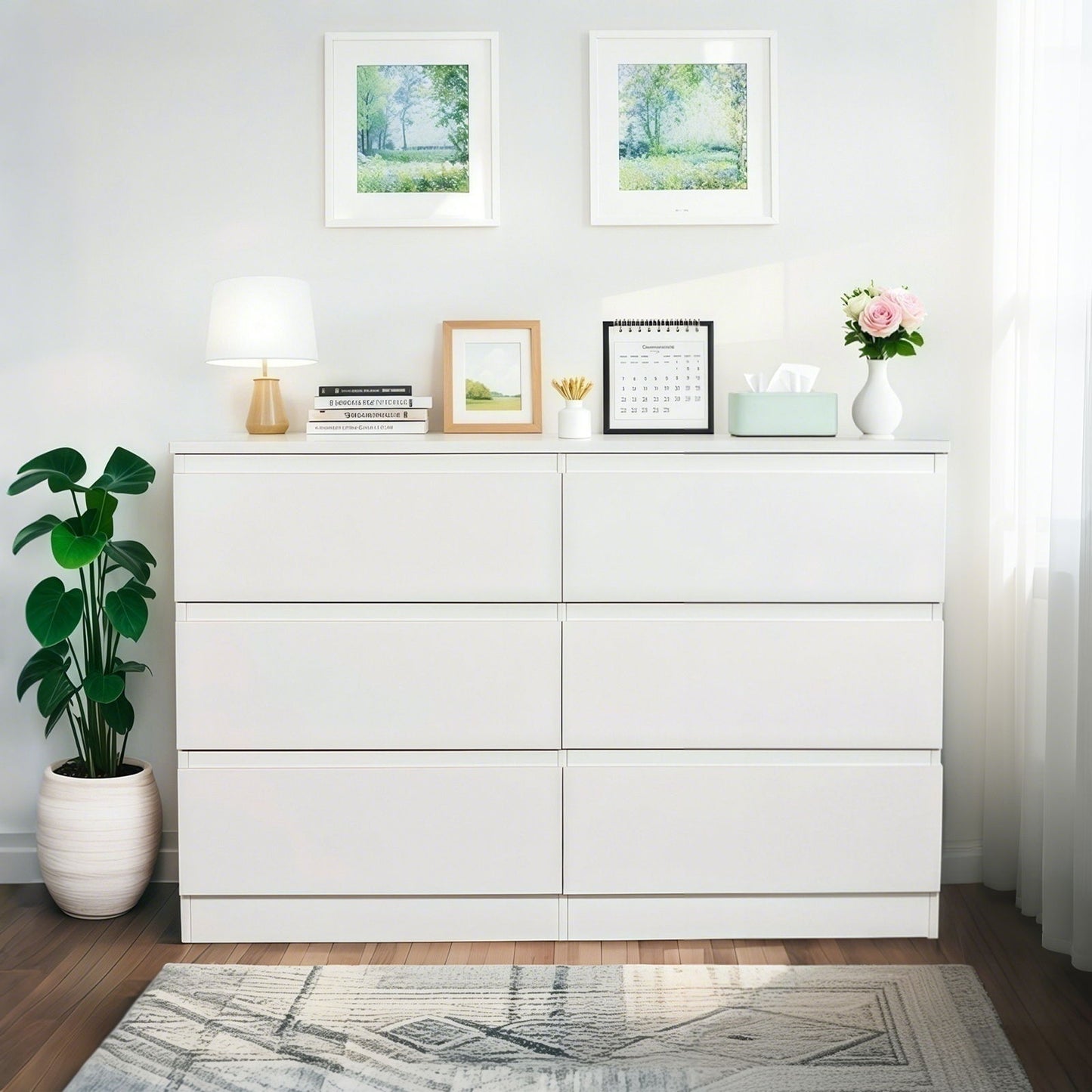Modern 6 Drawer Dresser With Spacious Countertop And Concealed Handles, Storage Cabinet For Bedroom And Living Room - White