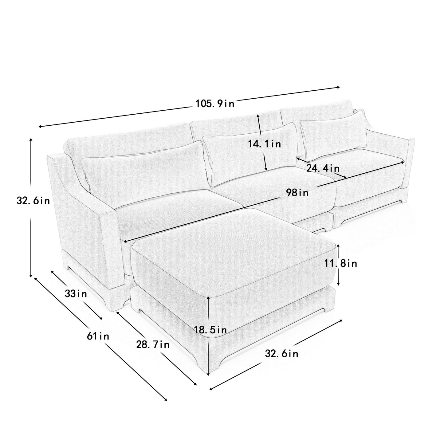 Stylish Sofa With Ottoman And Lumbar Pillows, Ergonomic Design