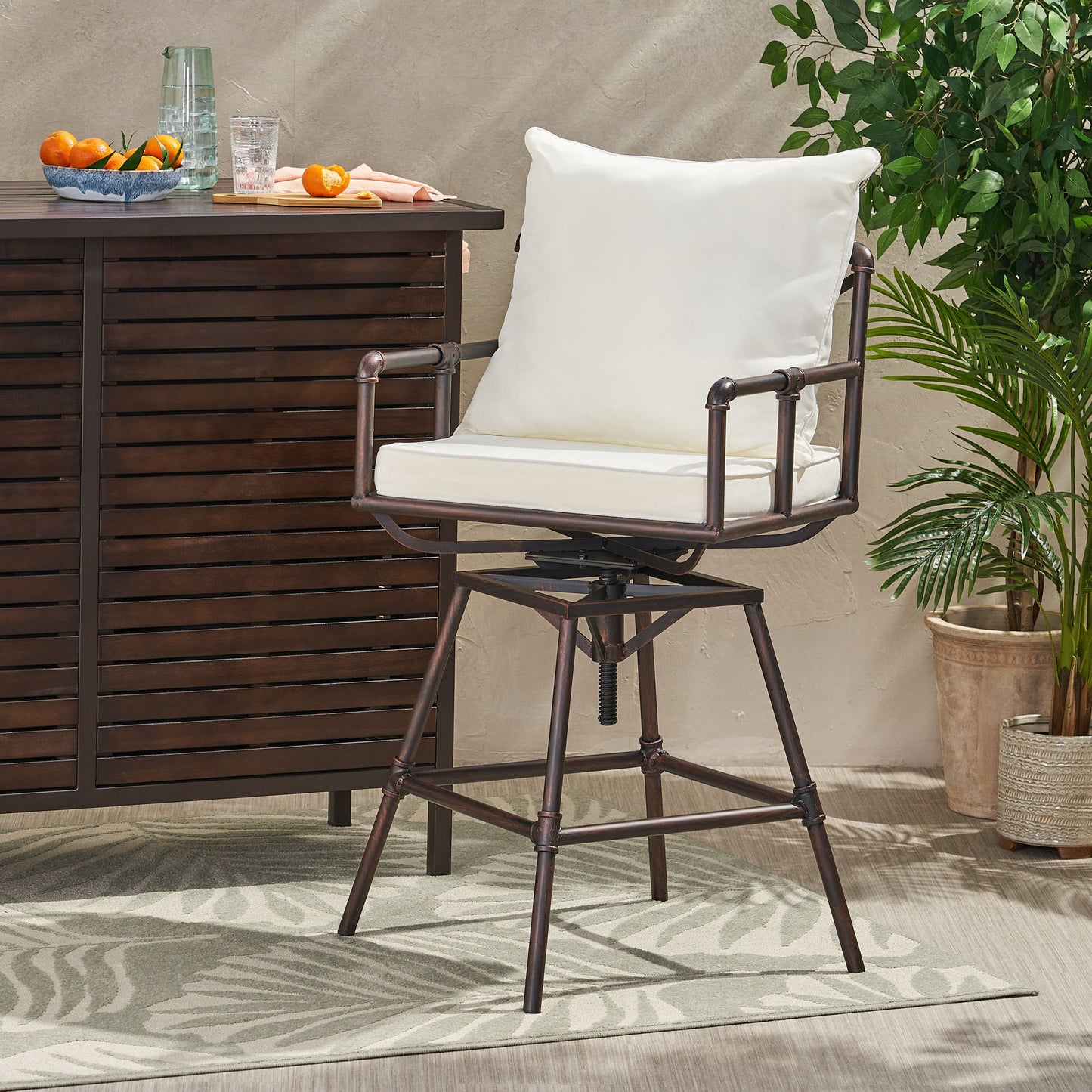 Industrial Outdoor Patio Plumber's Iron Frame Swivel Barstool With Cushions, Height Adjustable
