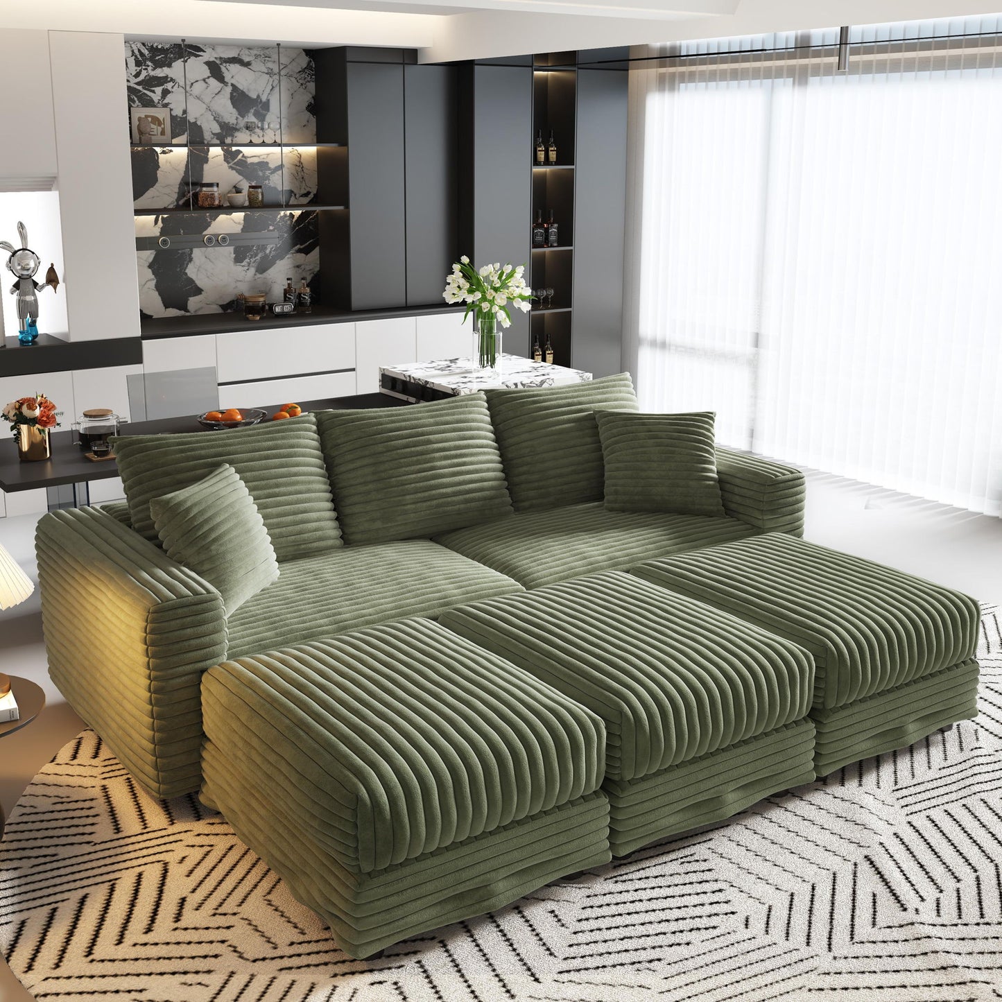 Deep Seat Convertible Sofa With Soft Pillows And Ottomans