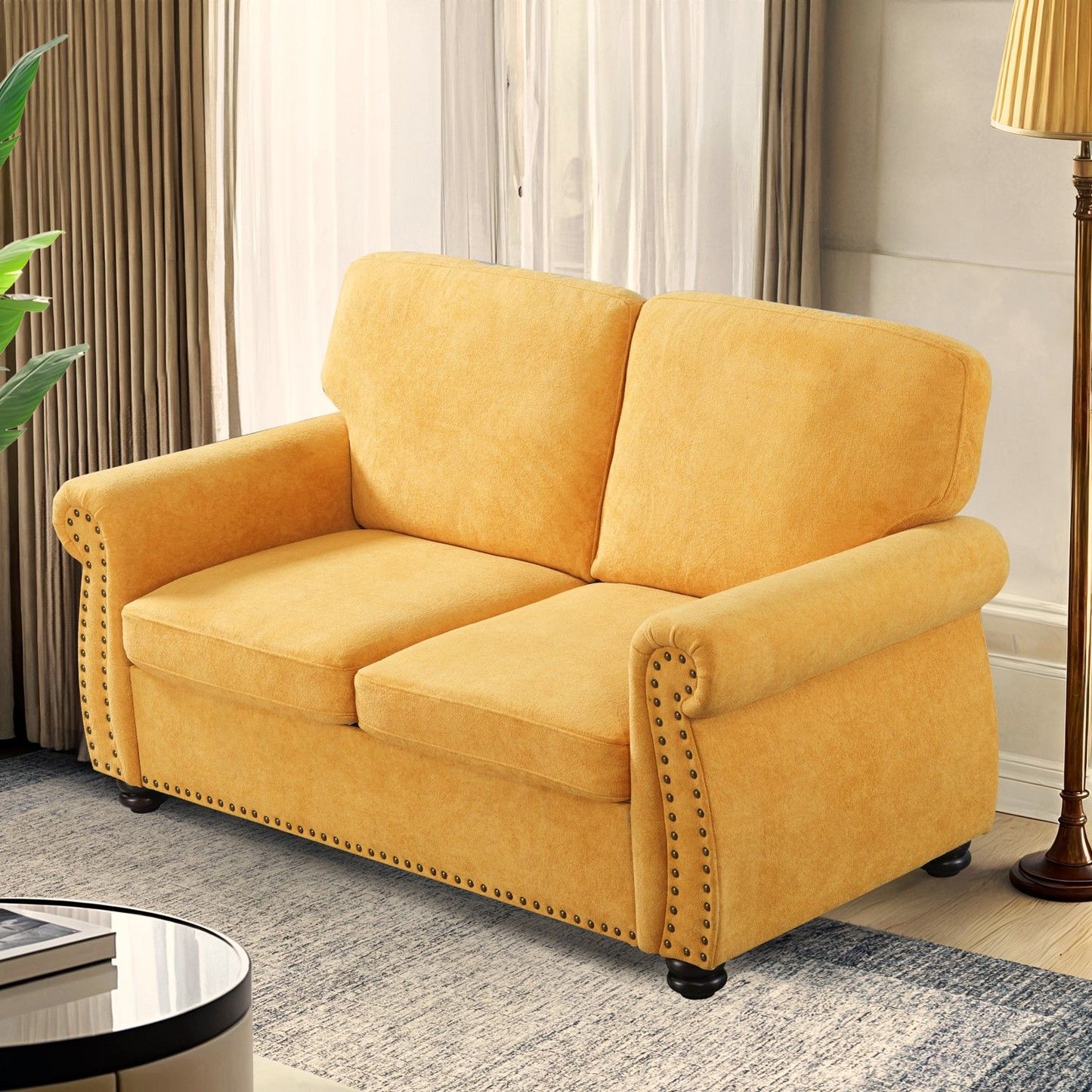 Soft Loveseat, Upholstered 2 Seater Couch, Loose Back Cushions And Turned Legs
