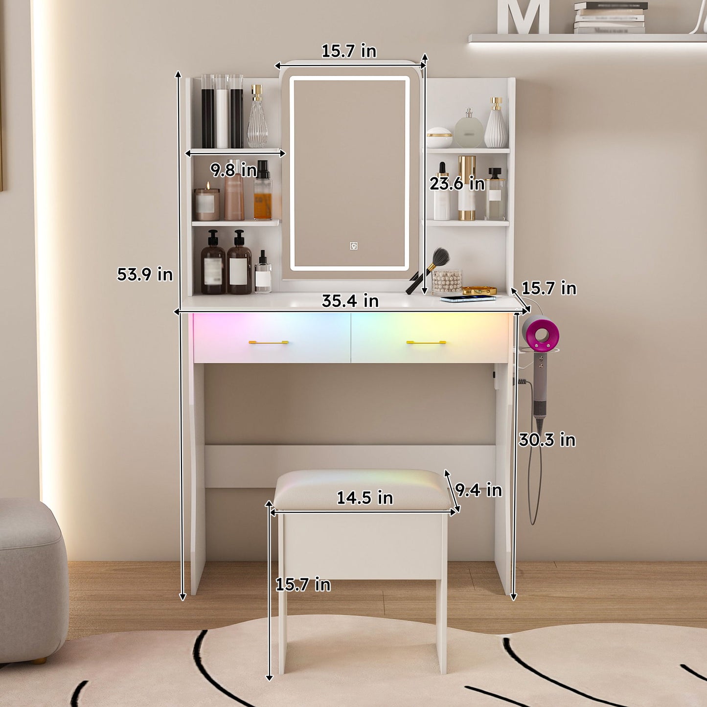 Vanity Desk With LED Lights Mirror, Power Outlet, Storage Drawers & Chair - White