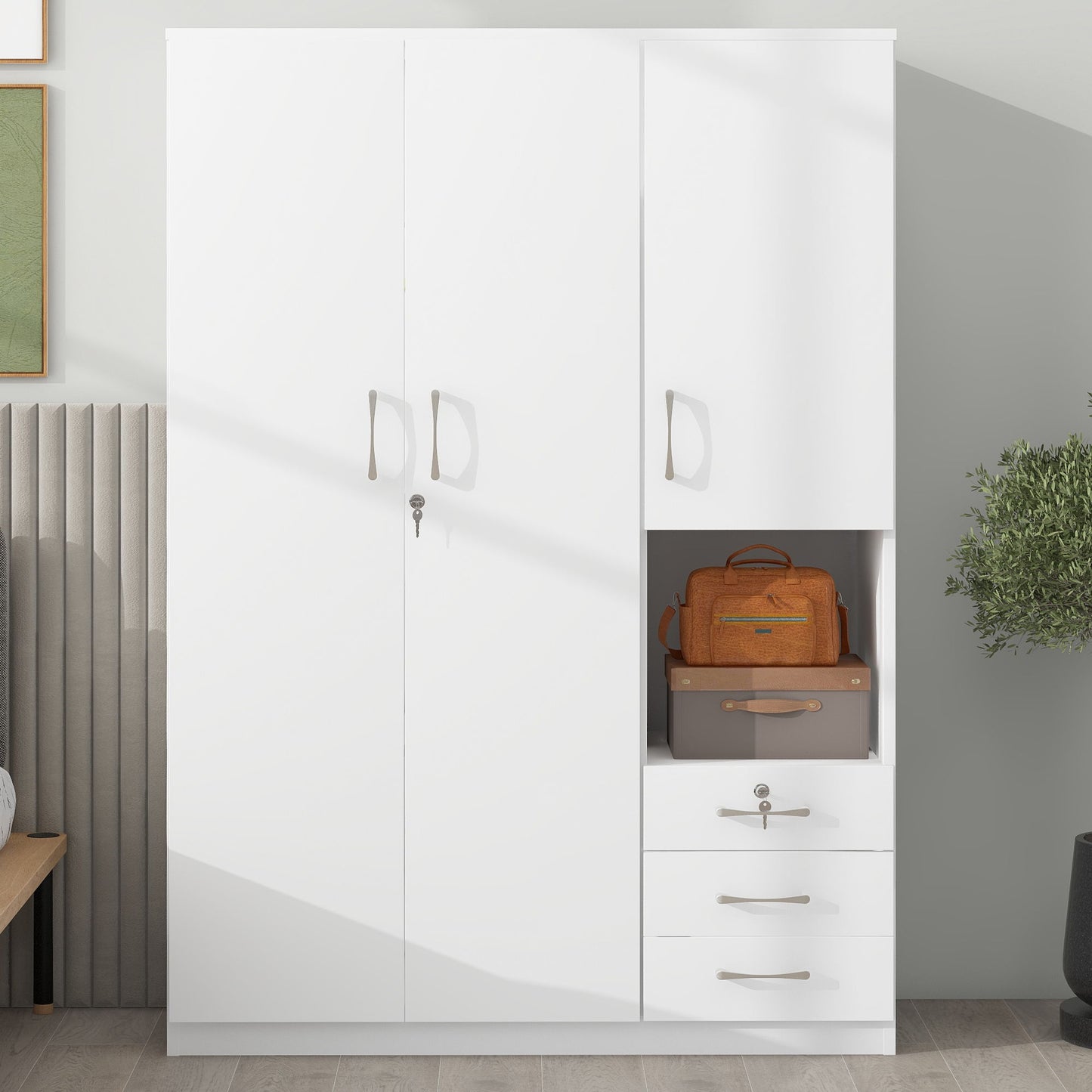 2 Doors Wardrobe Storage For Bedroom With Shelves And 3 Drawers