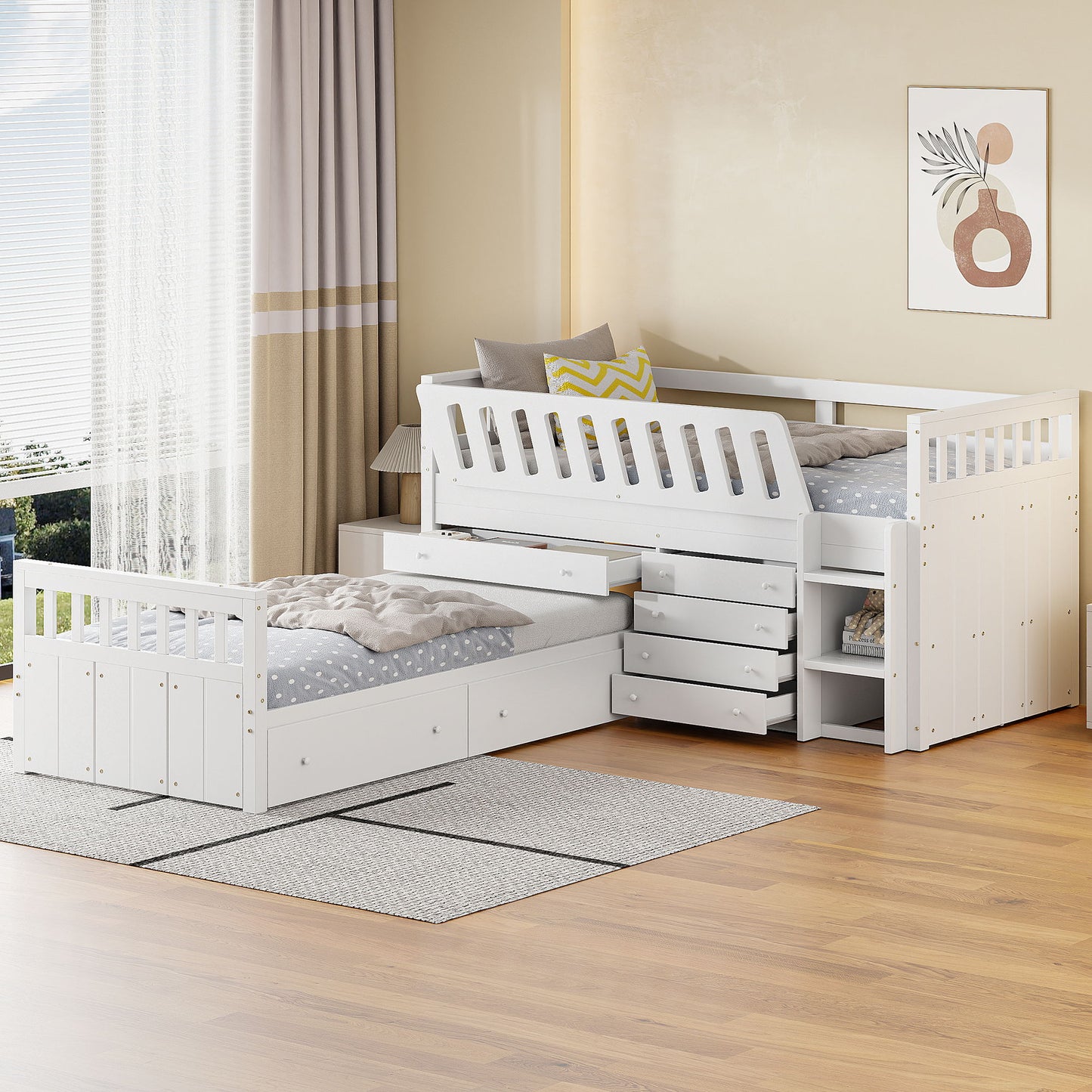 Loft Platform Bed With 7 Drawers And Full Guardrails, Modern L Shaped Space Savin