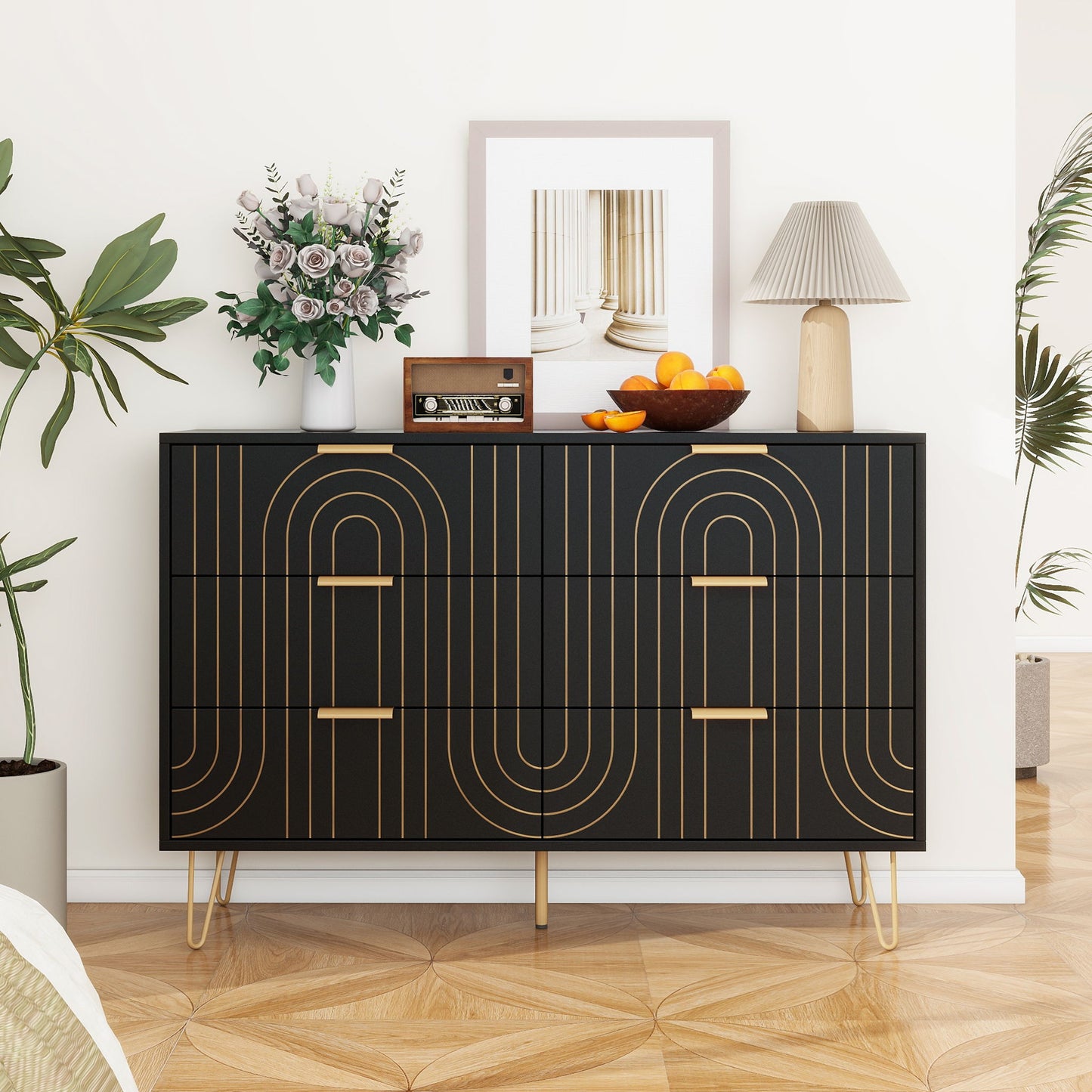 Modern 6 Drawer Dresser, Modern Dresser With Metal Handles, Storage Chest Of Drawer, Wide Dresser Drawer Organizers With Carving Design For Bedroom, Living Room, Hallway - Black