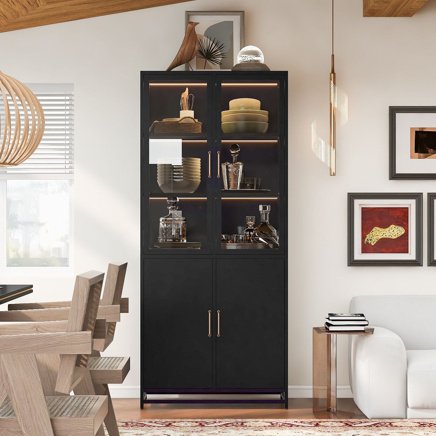 Modern Style Tall Steel Display Cabinet With Double Glass Doors, LED Lights