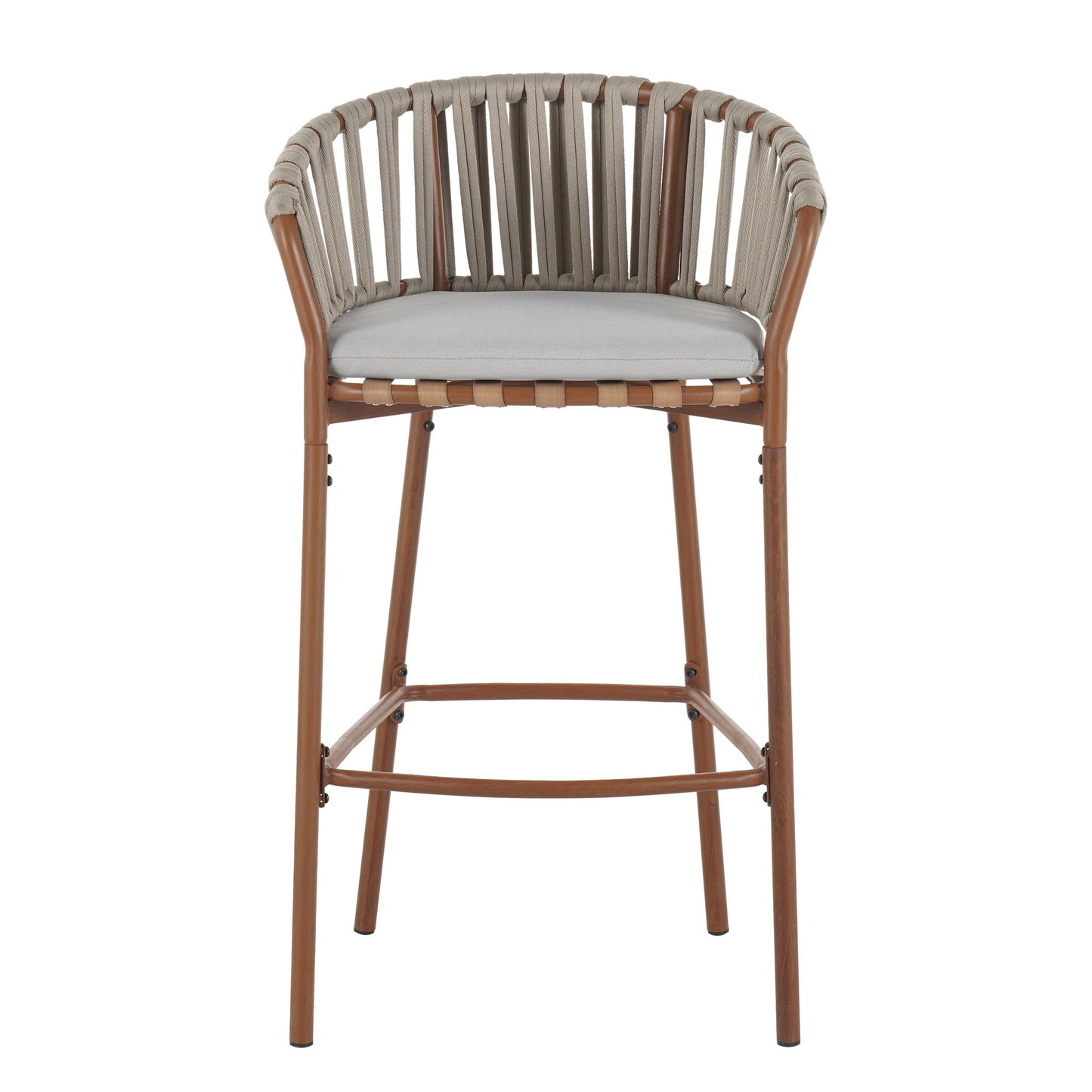 Lodi - Outdoor Matal Rope Barstool, Teak / Beige (Set of 2) - Teak / Beige