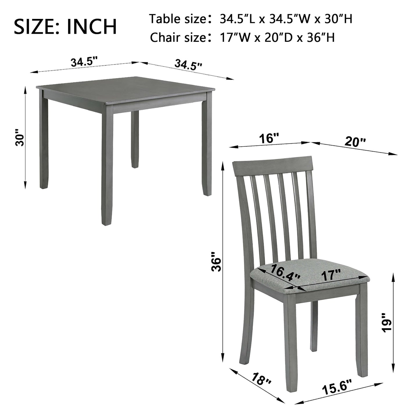 5 Piece Modern Dining Set, Square Wooden Dining Table With 4 Upholstered Chairs For Kitchen, Dining Room - Gray