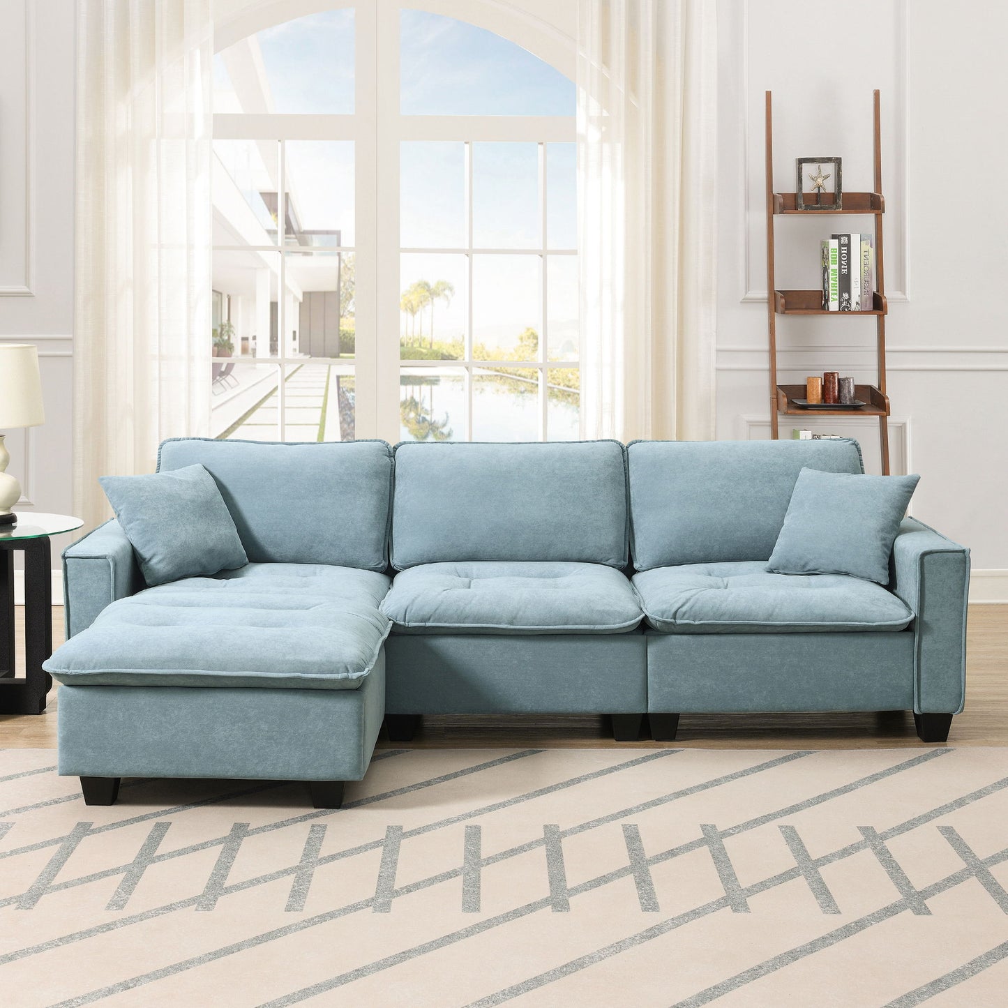 Modern Convertible Sectional L Shaped Reversible Couch Set With Free Pillows 4 Seat Suede Sleeper Sofa With Ottoman
