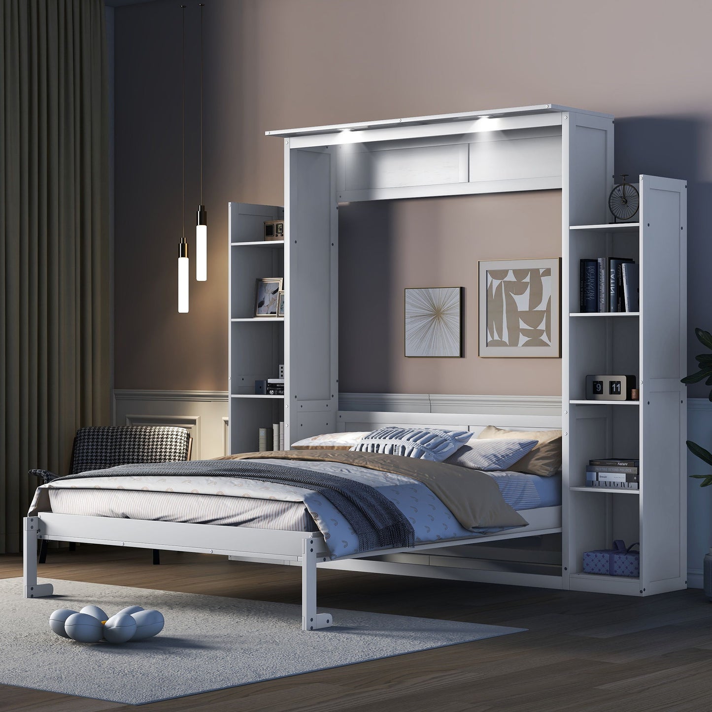 Wall Murphy Bed With Shelves And LED Lights