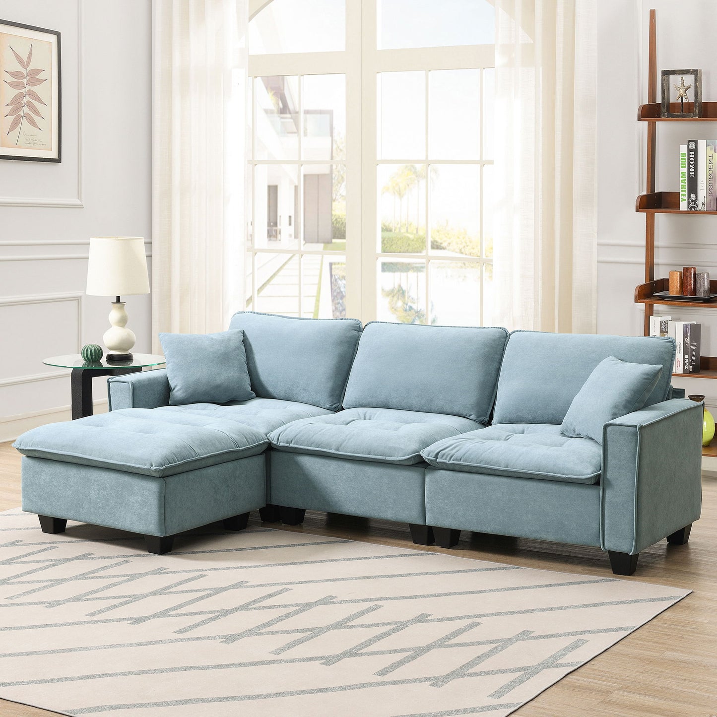 Modern Convertible Sectional L Shaped Reversible Couch Set With Free Pillows 4 Seat Suede Sleeper Sofa With Ottoman