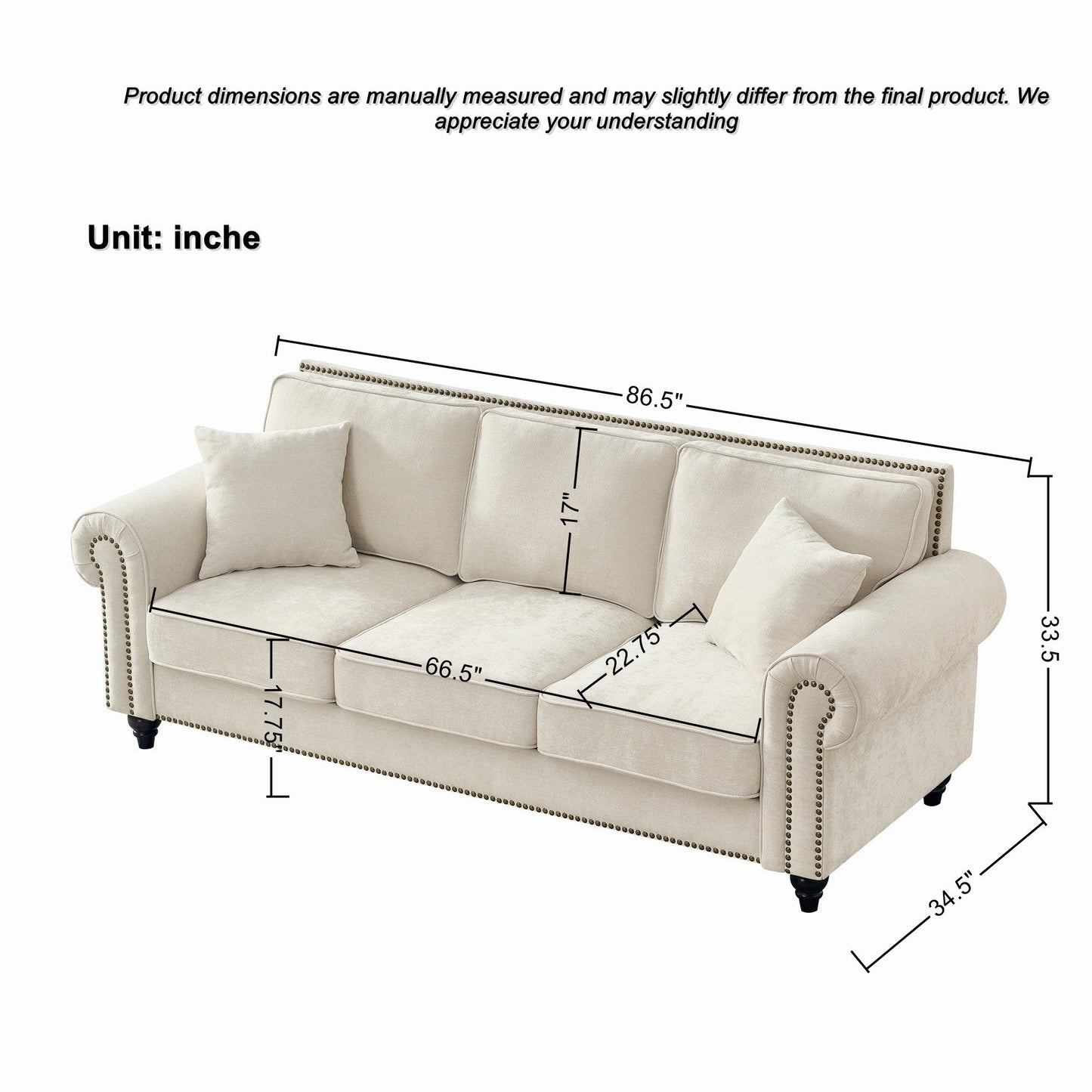 Modern 3 And 2 Seater Sofa With Rolled Arms, Tufted Upholstered Couch