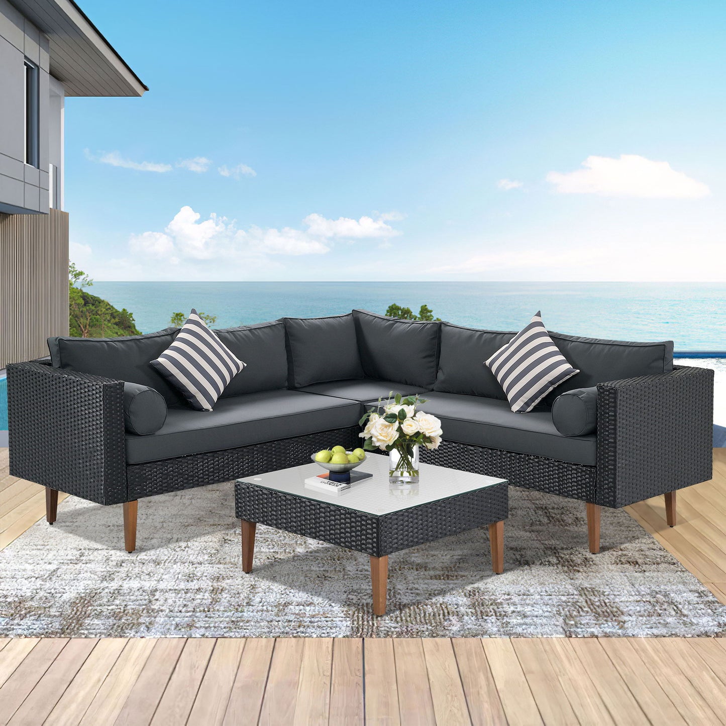 4 Pieces Outdoor Wicker L-Shape Sofa Set