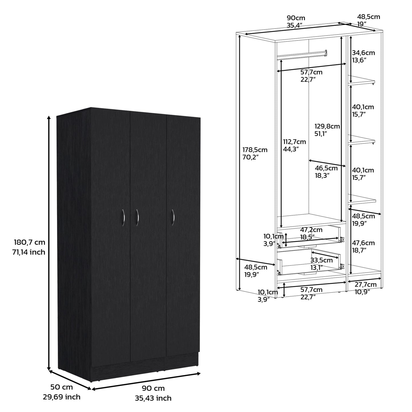 Wardrobe Armoire With 3 Doors And 2 Inner Drawers, 3 Doors - Black