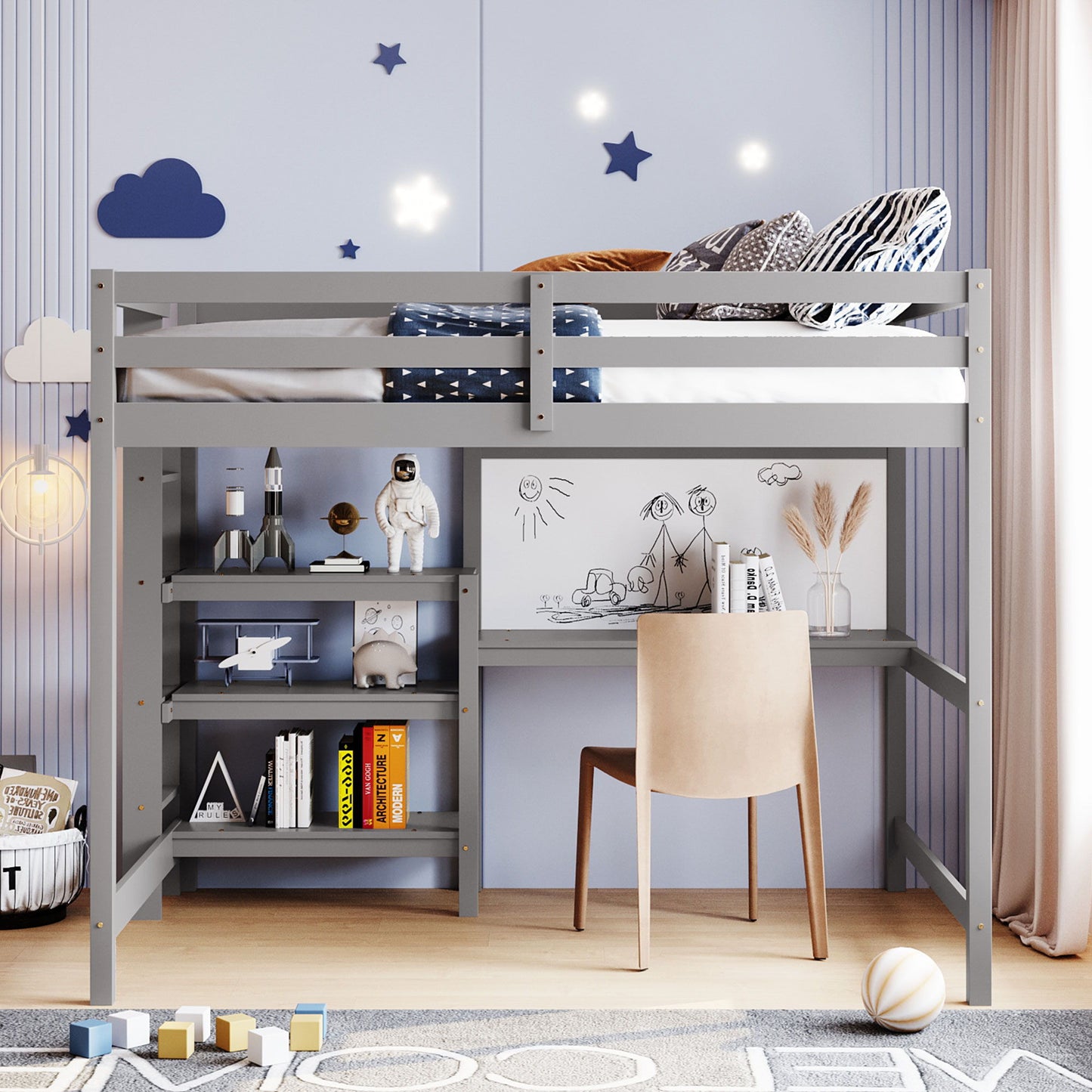 Loft Bed With Shelves, Desk And Writing Board