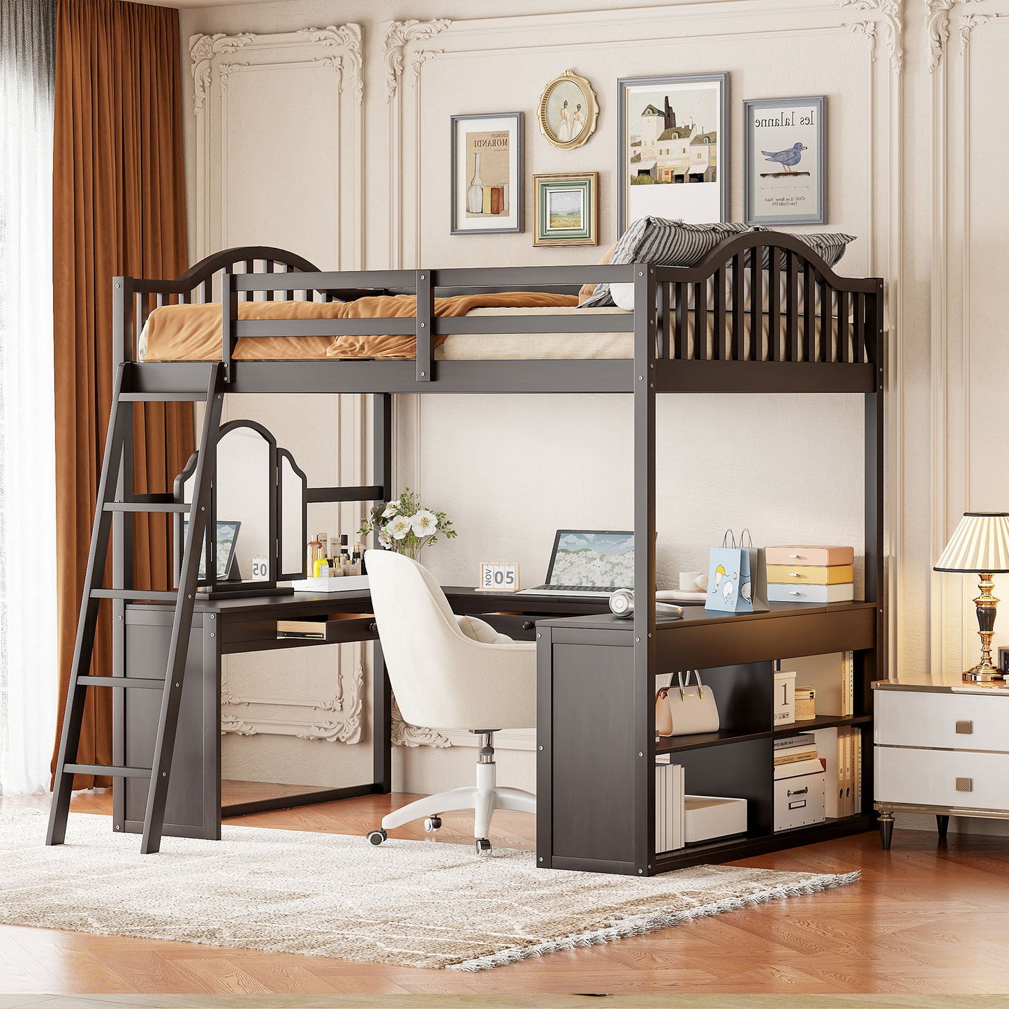 Loft Bed With Drawers, Cabinet, Shelves With Desk