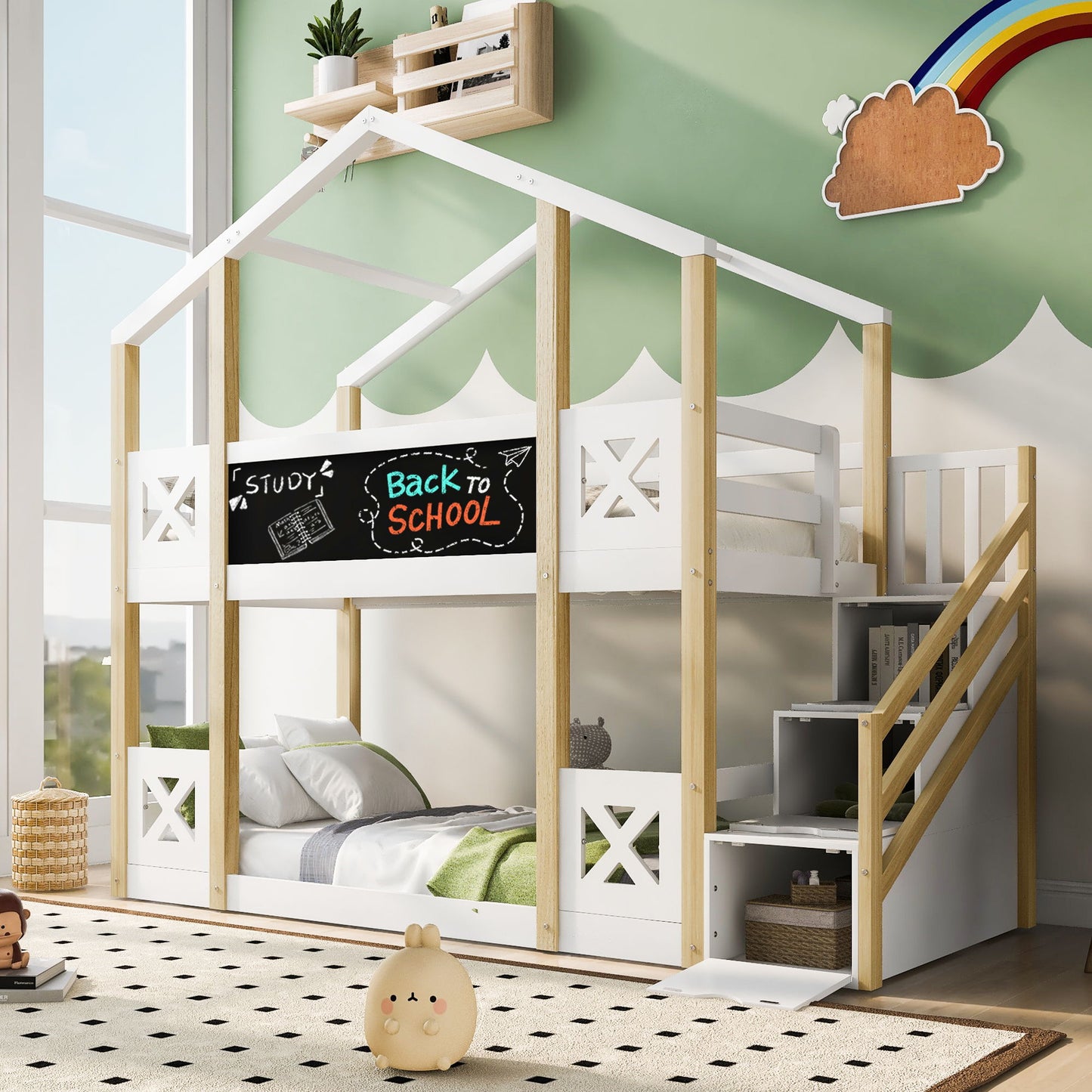 Twin Over Twin House Bunk Bed With White Storage Staircase And Blackboards - White
