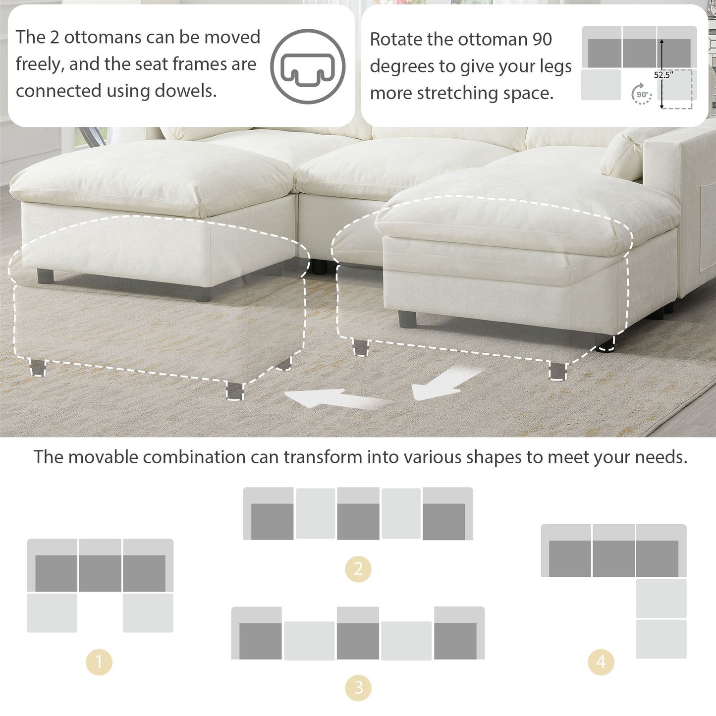 Modular Sectional With Storage Pockets, 5 Seat U Shaped Couch Set With Pillows, Free Combination Modern Cloud Sofa With 2 Movable Ottoman