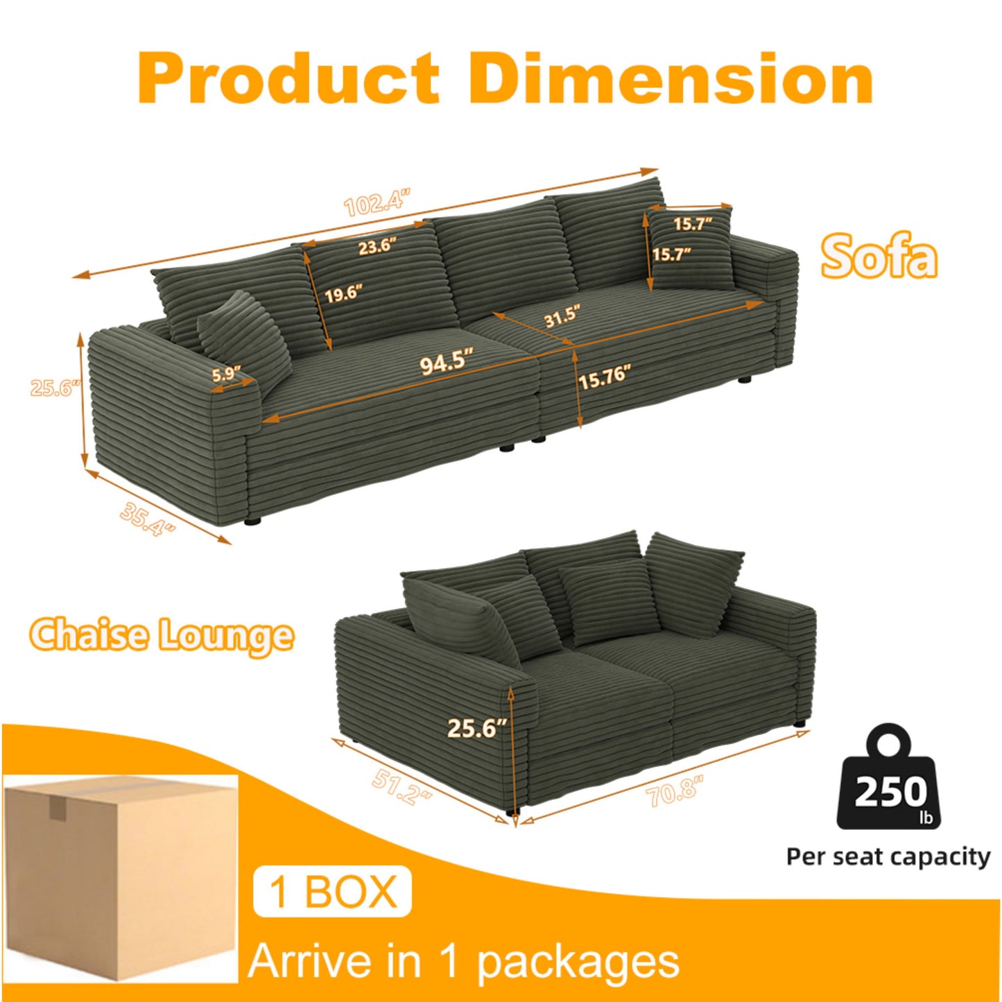 Plush Corduroy 4 Seat Sofa, Modern Comfy Upholstered Sofa Cloud Couch, Deep Seat Couches With Soft Pillows
