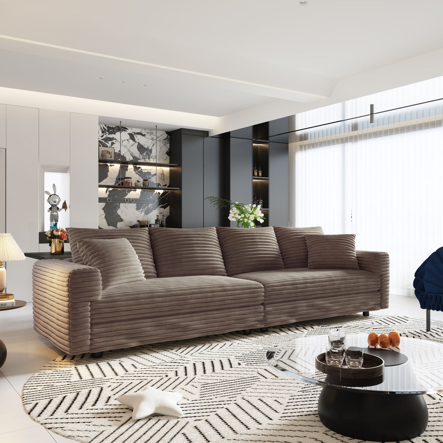 Plush Corduroy 4 Seat Sofa, Modern Comfy Upholstered Sofa Cloud Couch, Deep Seat Couches With Soft Pillows