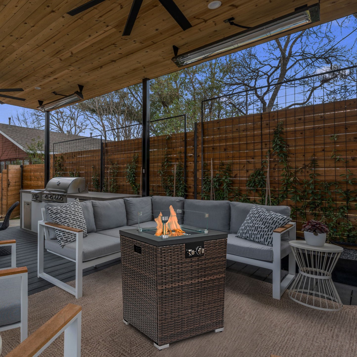 Propane Gas Square Fire Pit, Tile Tabletop With Beautiful Wicker Base For Outside