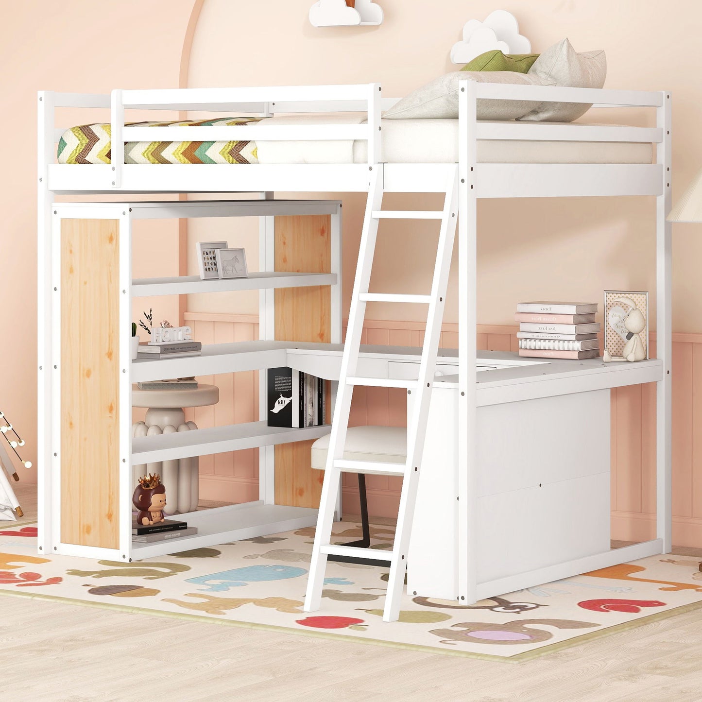 Loft Bed With Ladder, Shelves, And Desk