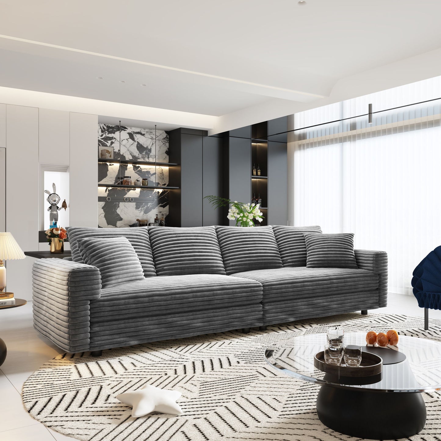 Plush Corduroy 4 Seat Sofa, Modern Comfy Upholstered Sofa Cloud Couch, Deep Seat Couches With Soft Pillows