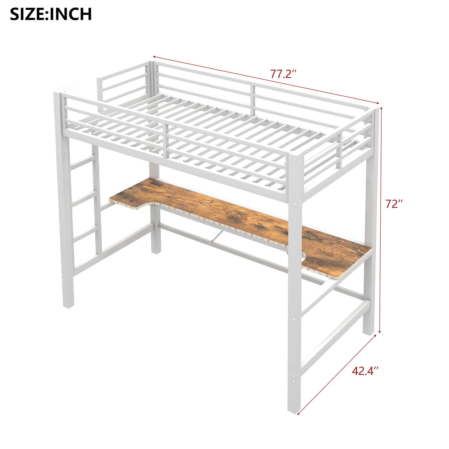 Gaming Metal Loft Bed Frame With LED Light, USB Charge Station And Desk