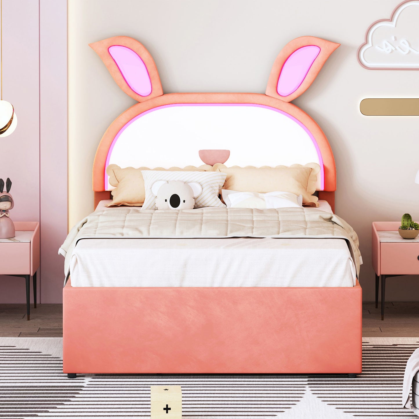 Upholstered Platform Bed With Trundle And 3 Drawers, Rabbit-Shaped Headboard With Embedded LED Lights