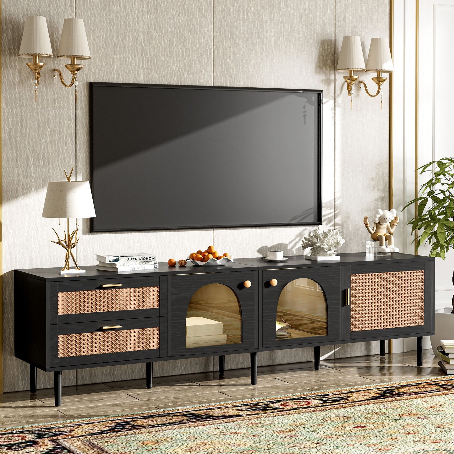 Rattan TV Stand With 3 Cabinets & 2 Drawers, Rattan-Inspired Media Console Table For Tvs Up To 80'', LED Light Entertainment Center, TV Cabinet For Living Room - Black