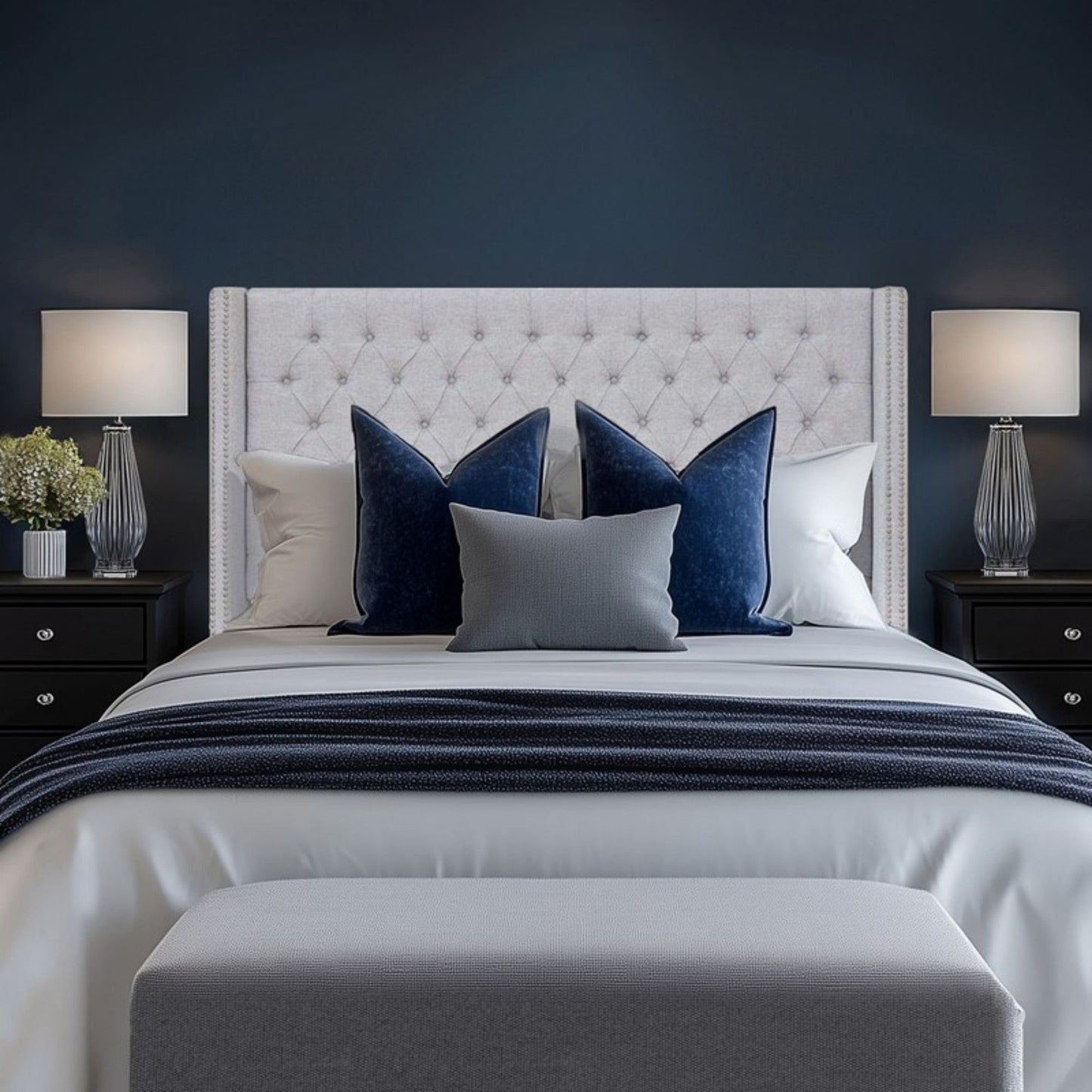 Queen Size Upholstery Headboard With Tufted Buttons And Nailhead Trim - Gray