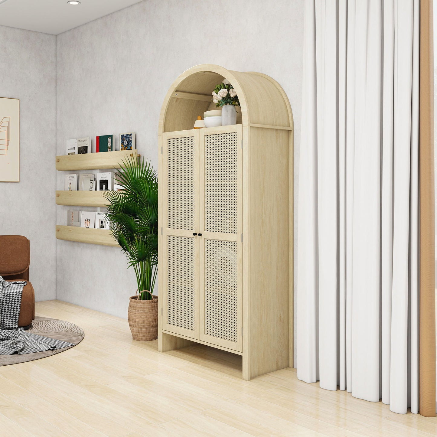 Tall Arched Kitchen Pantry, Arched Storage Display Cabinet With 2 Drawers & Adjustable Shelves, Rattan Door Versatile Storage Cabinet For Kitchen, Dining Room - Natural