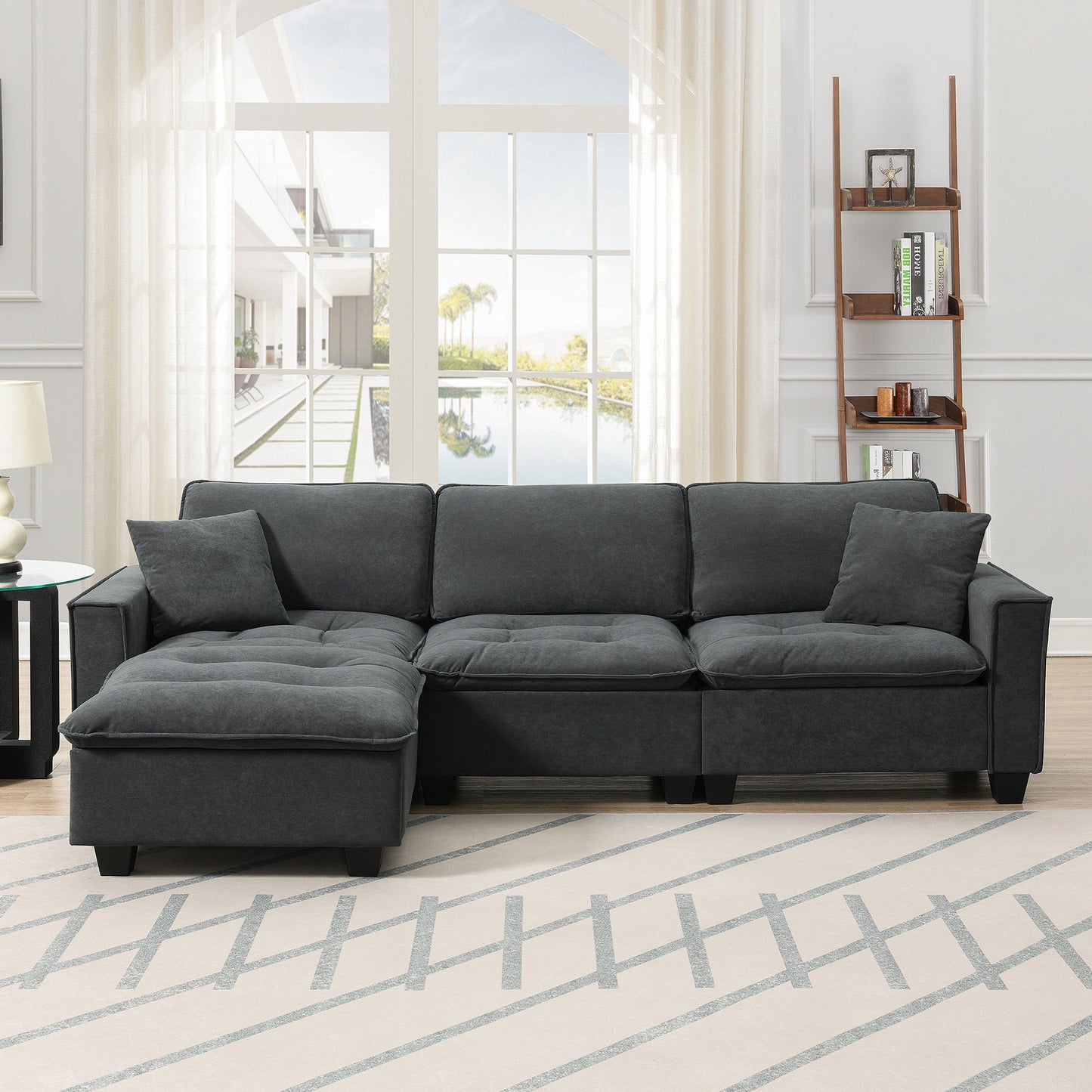 Modern Convertible Sectional L Shaped Reversible Couch Set With Free Pillows 4 Seat Suede Sleeper Sofa With Ottoman