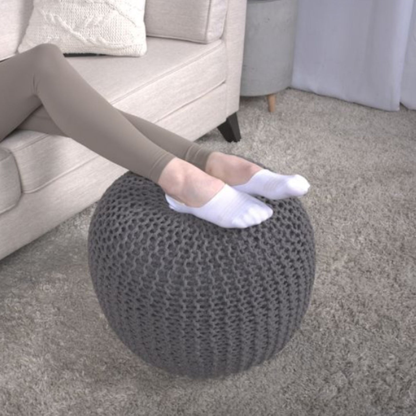 Bordeaux - Knitted Cotton Round Pouf, Versatile Ottoman And Floor Cushion