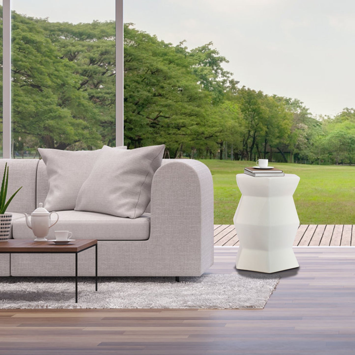 Contemporary Ceramic Drum Stool Indoor / Outdoor Side Table Glazed Accent Garden Stool - White