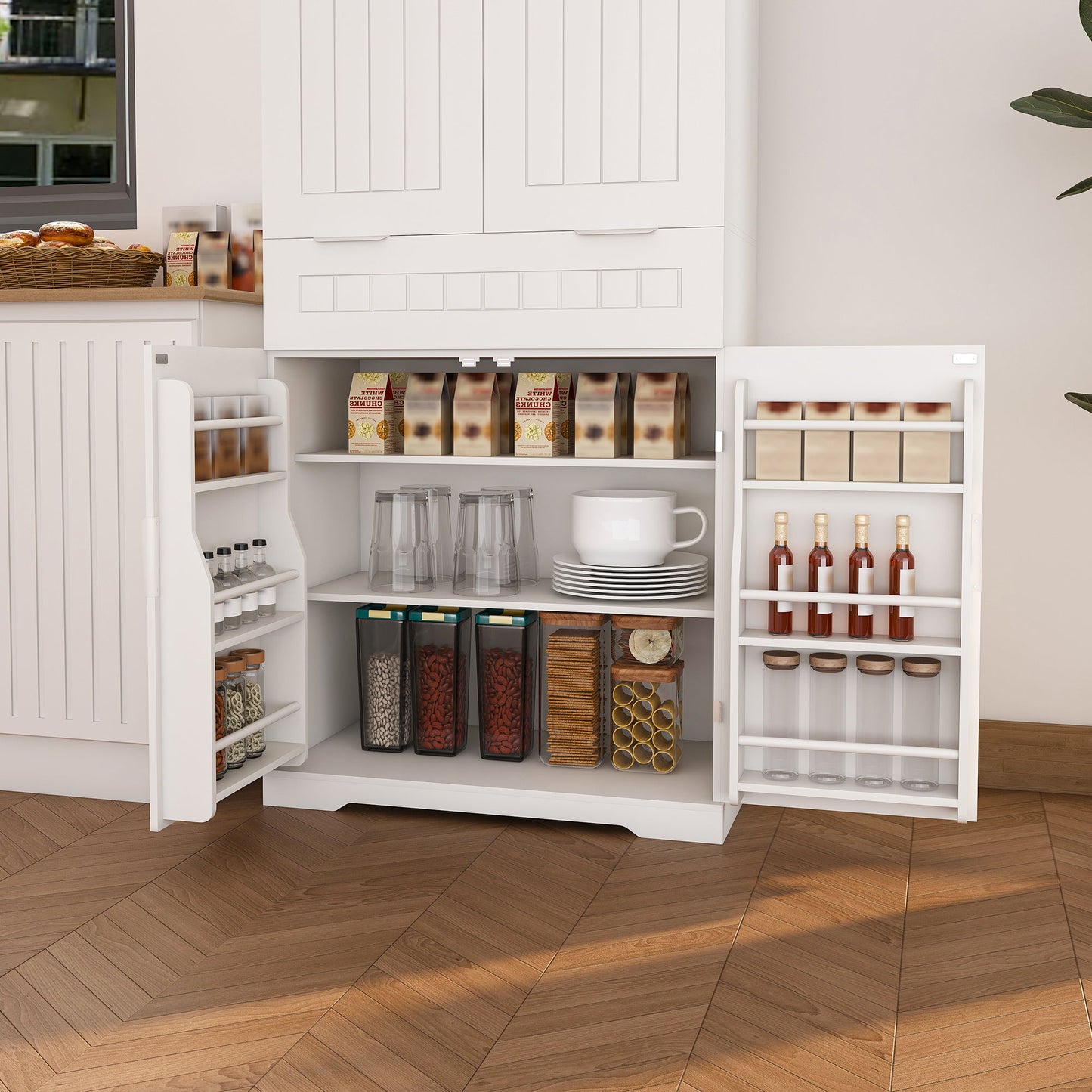 Farmhouse Style Pantry Cabinet With Drawer 2 Cabinets & 6 Door Shelves Adjustable Shelves Freestanding Cupboard - White