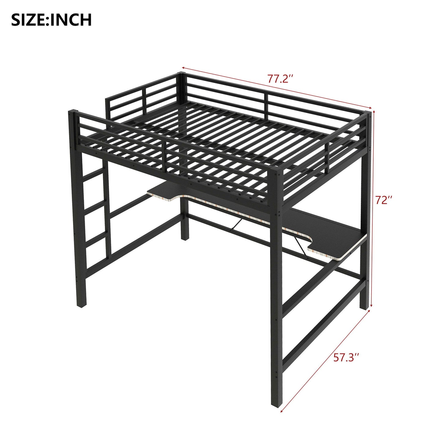 Gaming Metal Loft Bed Frame With LED Light, USB Charge Station And Desk