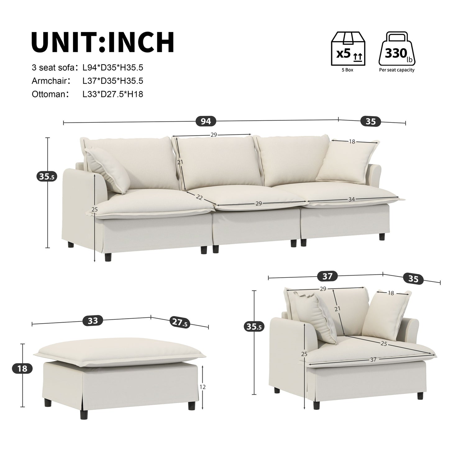 Living Room Set Modular Sectional Couch, Upholstered Sofa & Armchair & Movable Ottoman
