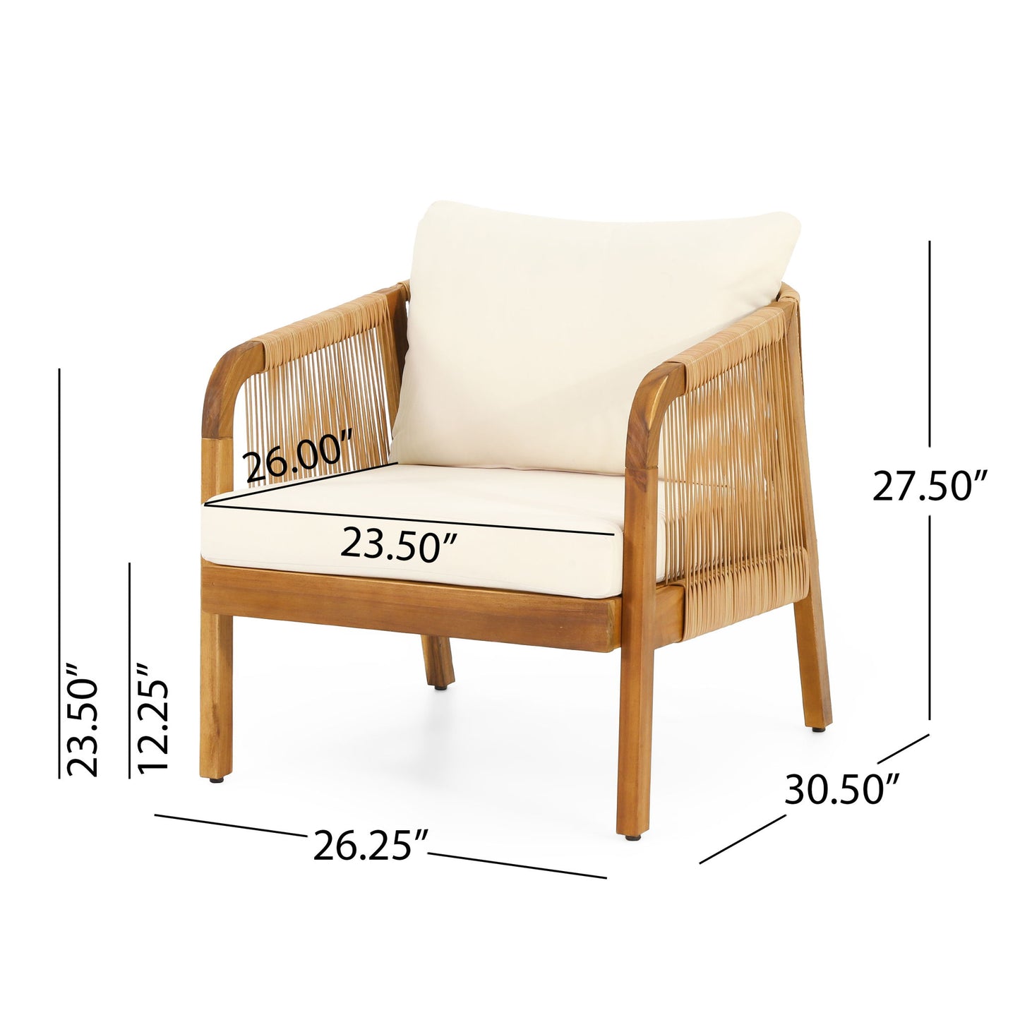 Acacia Wood And Wicker Outdoor Club Chair, Deep Seating With Soft Cushion, Porch Chairs For Garden, Backyard Porch Balcony - Brown / Beige