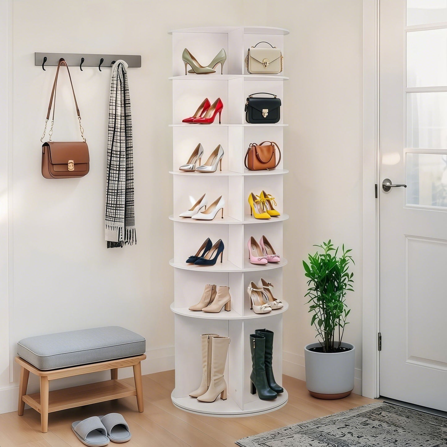 7 Tier Rotating Shoe Rack With High Base Design, Freestanding 360° Organizer For 28 Pairs - White